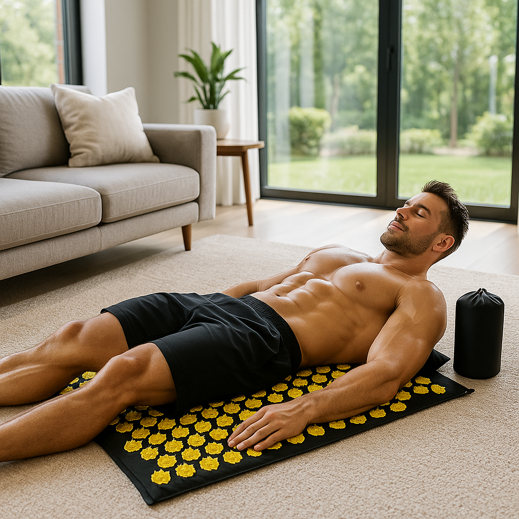 Homme allongeÌ sur le tapis d acupression - Picots flora jaune dans son salon