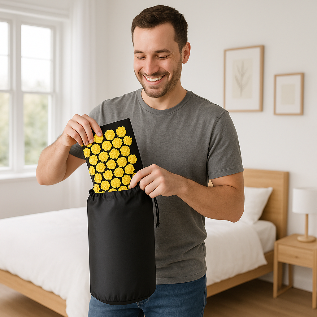 Un homme range son tapis d acupression - Picots flora jaune dans son sac réutilisable