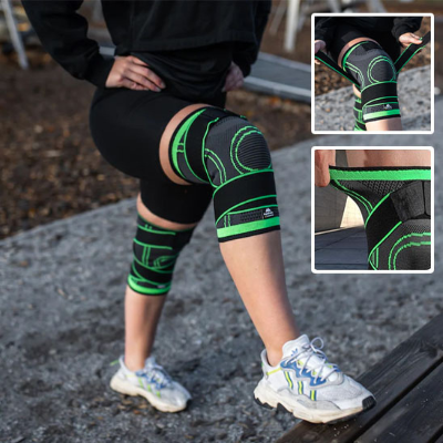 Une femme met la genouillère sport - Avec sangle - FitConfort autour de ses genoux