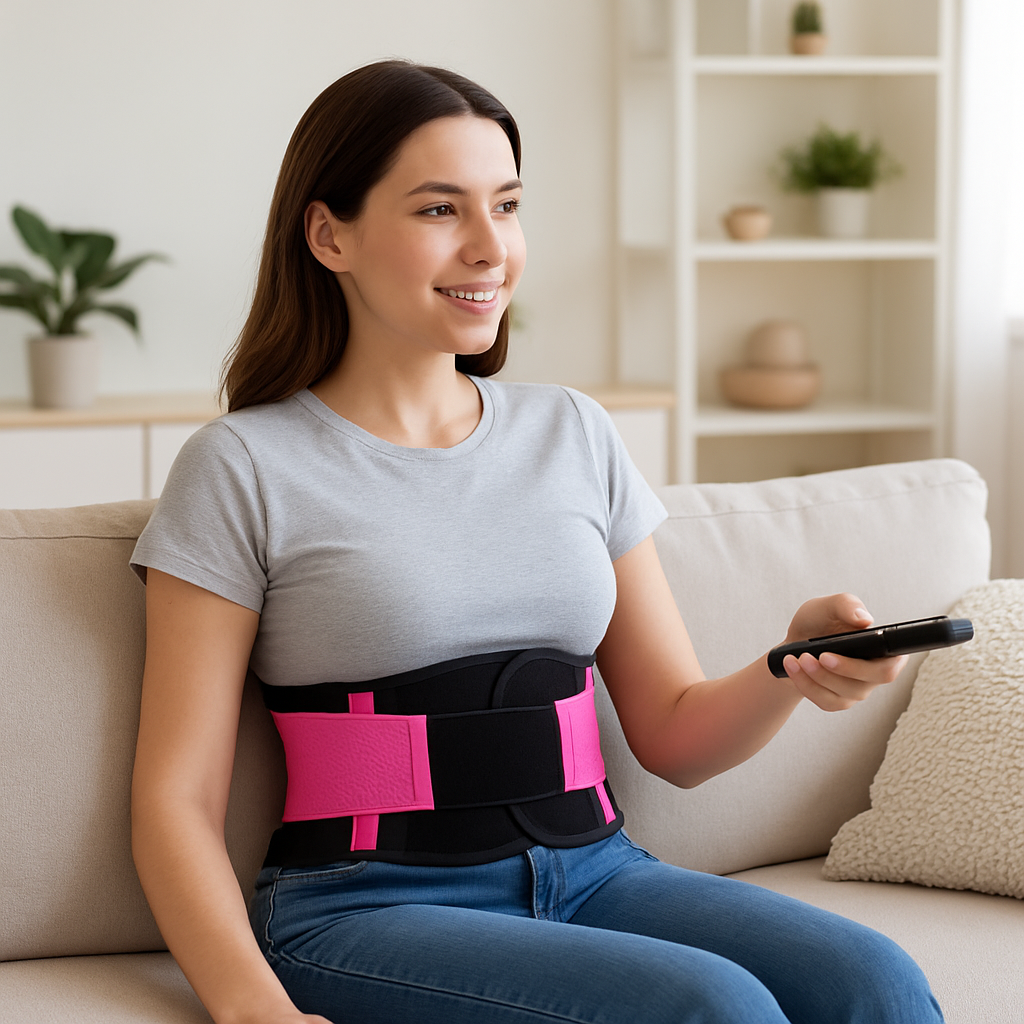 Une femme porte la ceinture dorsale - Rose devant la télévision
