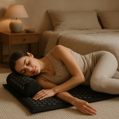 Femme est allongé de coté sur le tapis acupression - Akumata Soft Dark 
