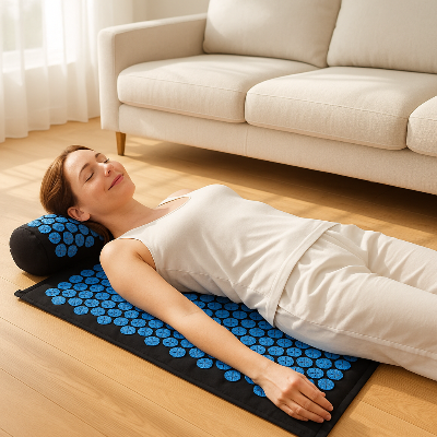 Femme est allongée sur le tapis de fleurs de lotus - Zen balance bleu dans son salon 