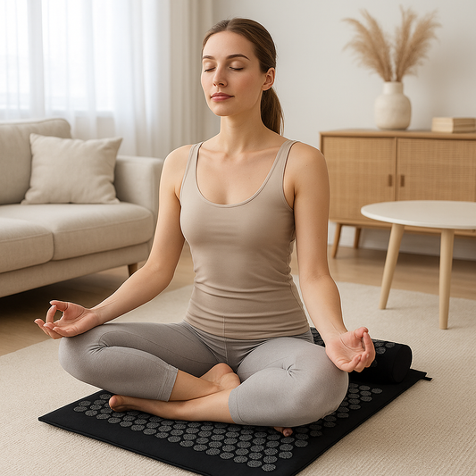 Femme est en assise sur le tapis acupression Akumata Soft Dark en position zen 