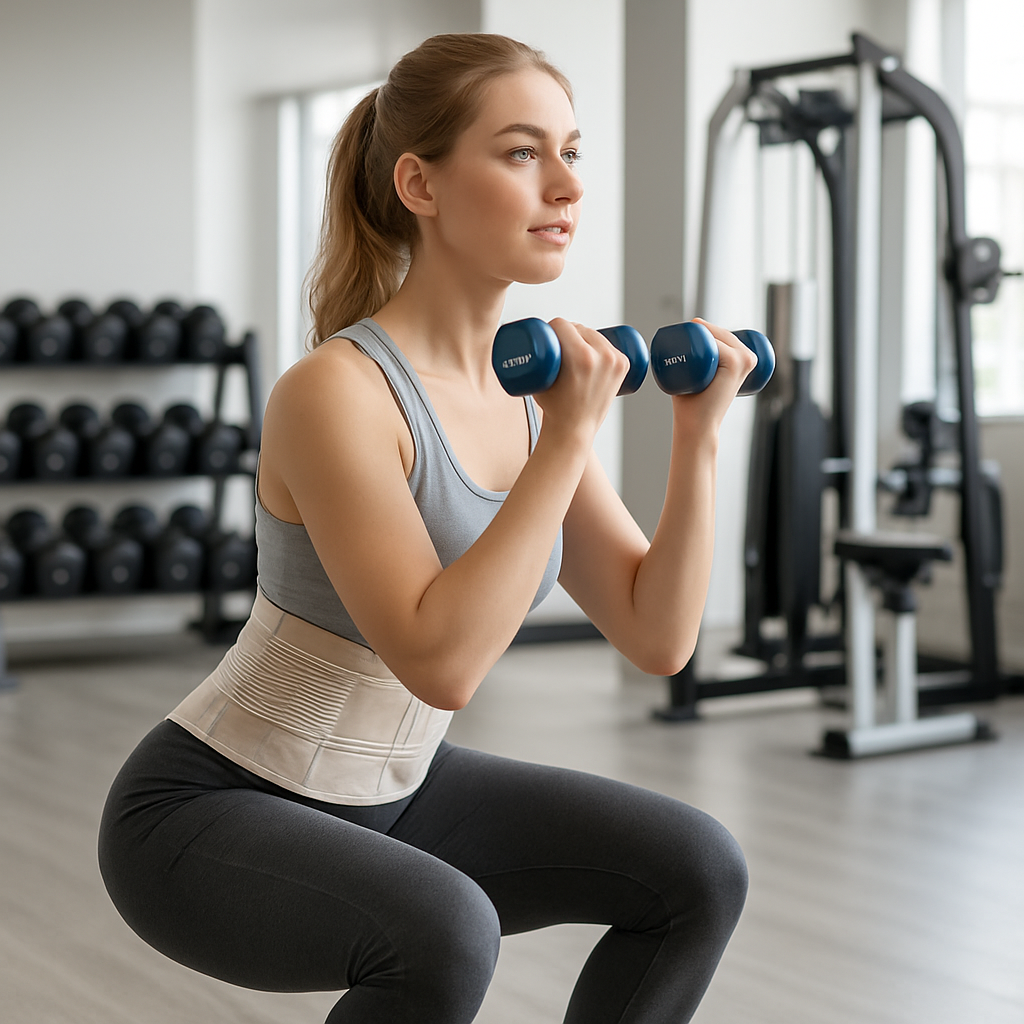 Femme fait des squats avec la ceinture lombaire - Beige à la salle de sport