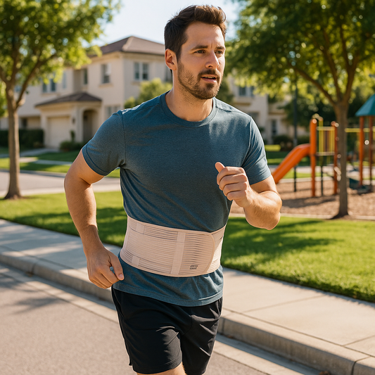 Homme utilise la ceinture lombaire - Beige lors de sa course à pied