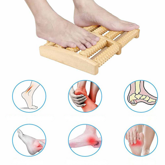 Le rouleau massage - Pied Bois, traite plusieurs blessures plantaires dont. Le tendon d'Achille, la fasciite plantaire et des douleurs au-devant du pied