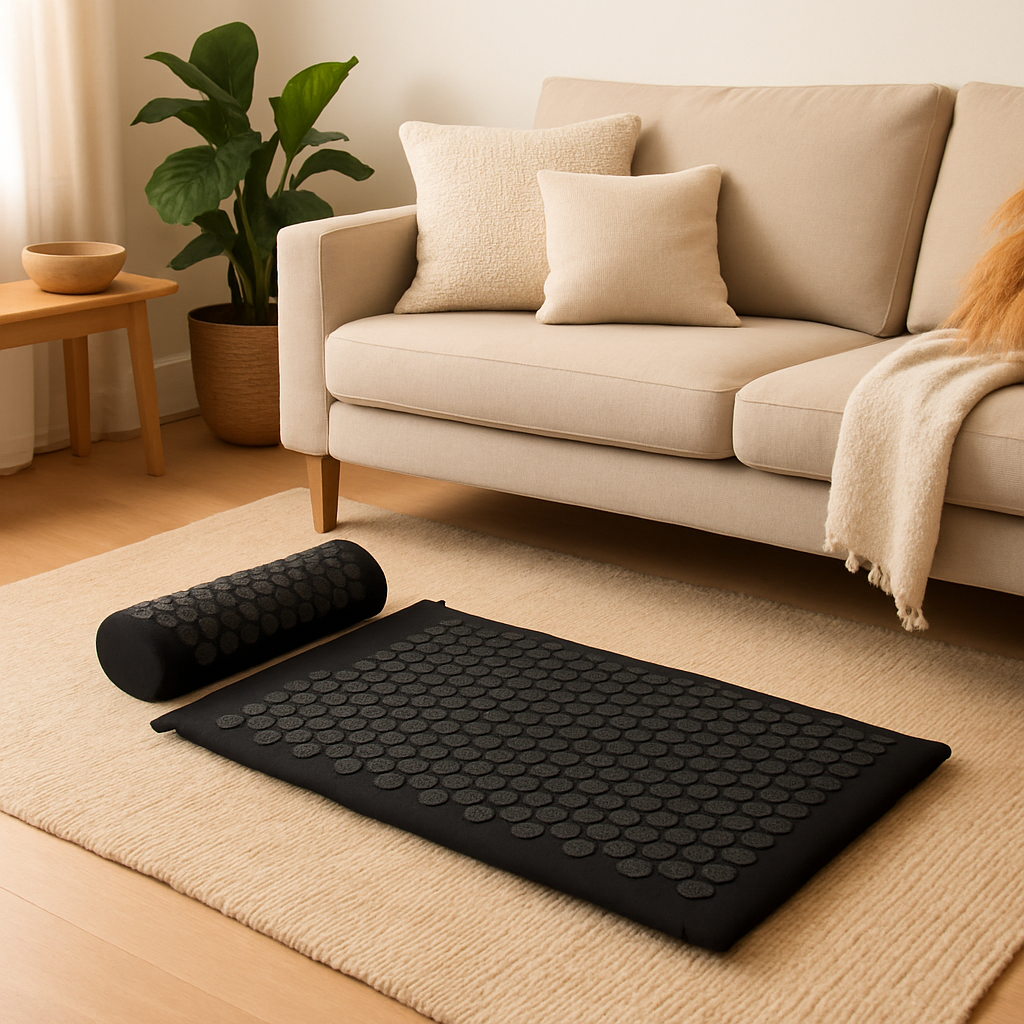 Le tapis acupression - Akumata Soft Dark dans un salon éclairé