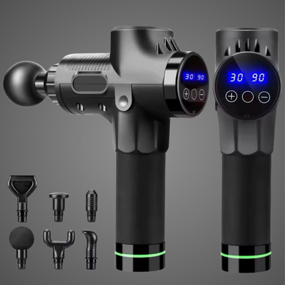 Notre pistolet de massage - Noir est noir et comporte six têtes des massages interchangeables pour un massage personnalisé.