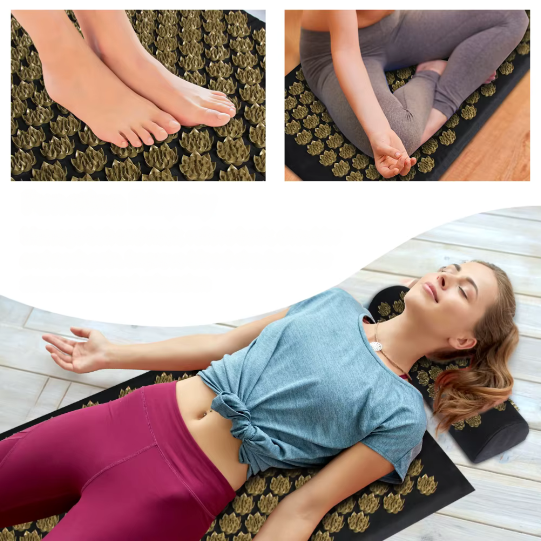 On peut être coucher assis et sur les pieds avec le tapis d acupression - Picots flora gold 