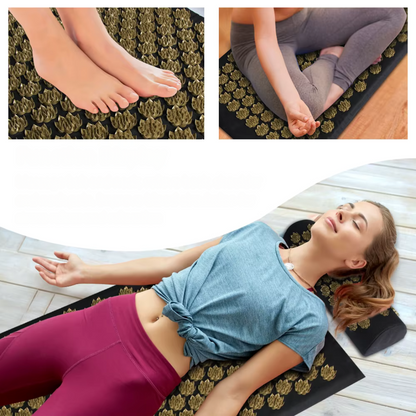 On peut être coucher assis et sur les pieds avec le tapis d acupression - Picots flora gold 
