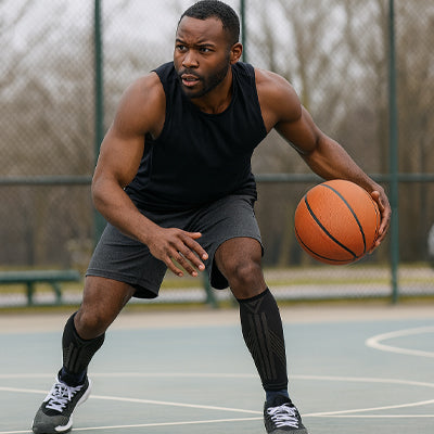 Sur un terrain de basket en plein air, un athlète porte les manchons de compression mollet - Regenix pendant son match