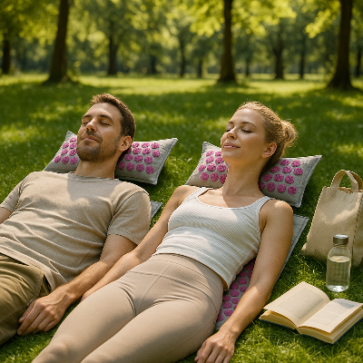 Un couple se repose sur le tapis de fleurs de lotus - Zen eco rose à l'extérieur 