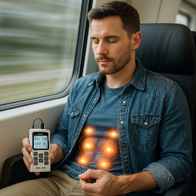 Un homme assis dans le métro utilise un Appareil Electrostimulation- 4 en 1 - TENS, EMS, IF & RUSS- Blanc lors dù,un déplacement 