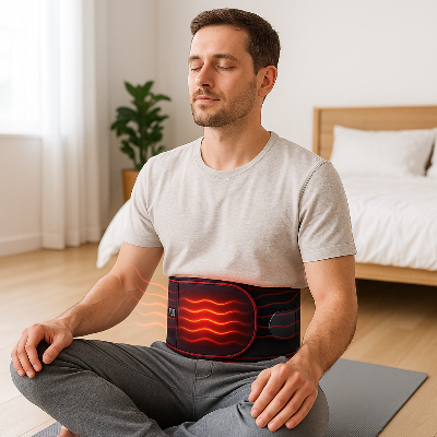 Un homme assis en position de yoga  avec la ceinture lombaire chauffante - HeatRelief autour de la taille