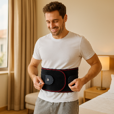 Un homme enfile la ceinture lombaire chaufante - HeatRelief dans sa chambre à coucher
