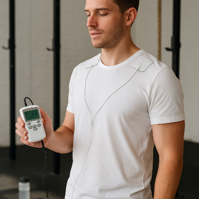 Un homme est à la salle de sport et utilise l' Electrostimulateur combiné EMS + TENS – Récupération musculaire – Gris pour ses épaules 