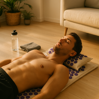 Un homme est allongé sur le dos sur le tapis champ de fleur - Zen eco violet dans son salon