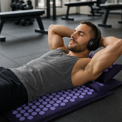 Un homme est allongé sur le tapis de fleurs de lotus - Zen eco lavande à la salle de sport