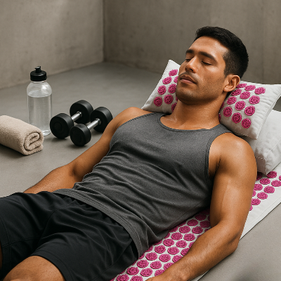 Un homme est allongé sur le tapis de fleurs de lotus - Zen eco rose après une séance de sport