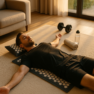 Un homme est allongé sur le tapis fleurs de lotus - Zen eco charbon après le sport