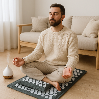 Un homme est assis en position de yoga sur le tapis fleurs de lotus - Zen eco charbon 