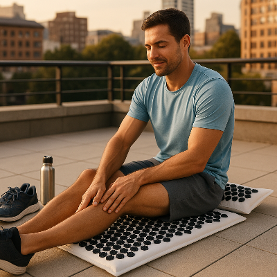 Un homme est assis sur le tapis de fleur de lotus - Zen eco noir à masser ses jambes 