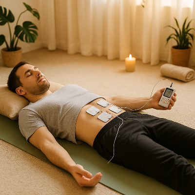 Un homme est coché au sol de son salon en utilisant l' Electrostimulateur combiné EMS + TENS – Récupération musculaire – Gris pour ses abdominaux 