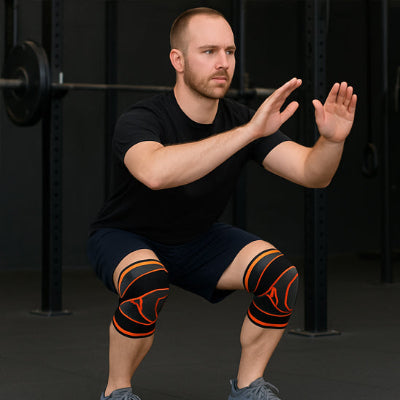 Un homme fait des squats avec ses genouillères - KneeXtreme 
