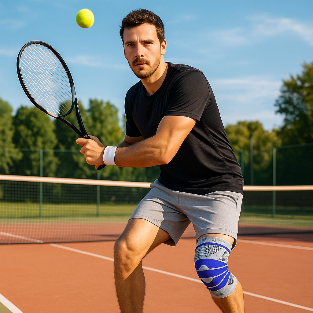 Un homme joue au tennis avec la genouillere rotule - Gris