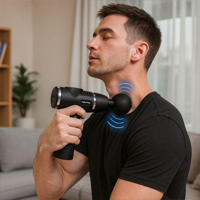 Un homme masse sa nuque avec le pistolet massant - Mini pulse 