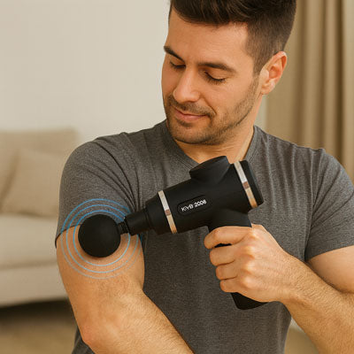Un homme masse son bras avec le pistolet massant - Mini pulse