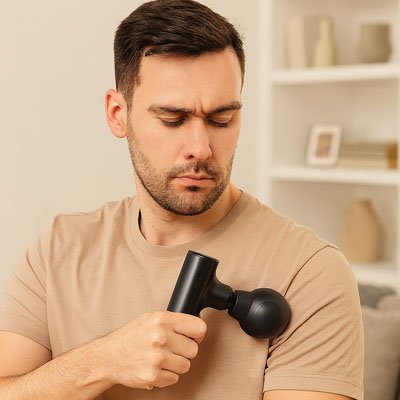 Un homme masse son épaule avec le pistolet massant - RecoveryPro dans le confort de son salon