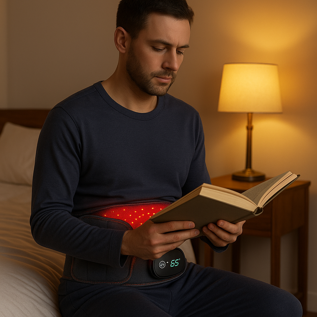 Un homme porte la ceinture lombaire chauffant FitRelax dans son lit 