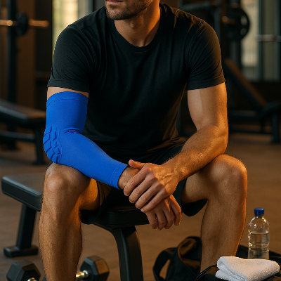 Un homme porte le manchon pour le bras - FlowArm dans la variable bleue