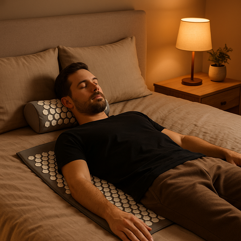 Un homme s'allonge dans son lit avec le tapis fleur de lotus - Beige 