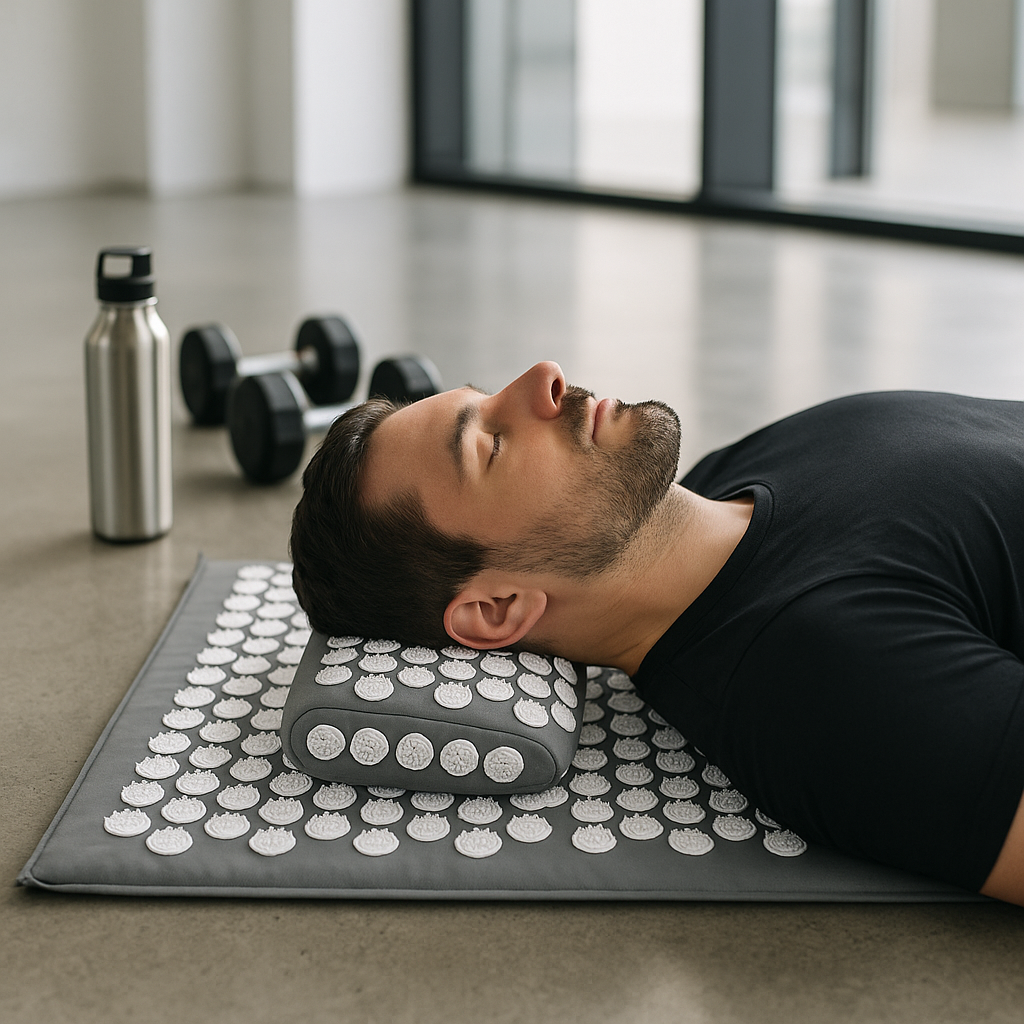Un homme s'allonge sur le tapis fleur de lotus - Beige à la salle de sport