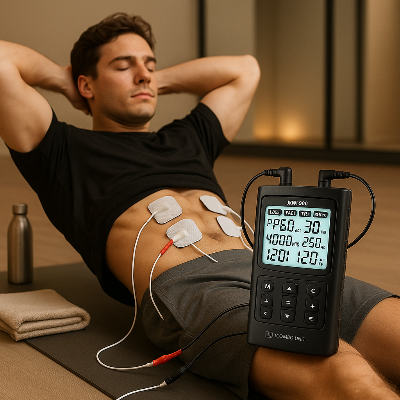 Un homme utilise l'electrostimulateur TENS, EMS, IF & RUSS - Noir pour ses abdominaux 