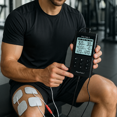 Un homme utilise l'electrostimulateur TENS, EMS, IF & RUSS - Noir pour ses jambes 