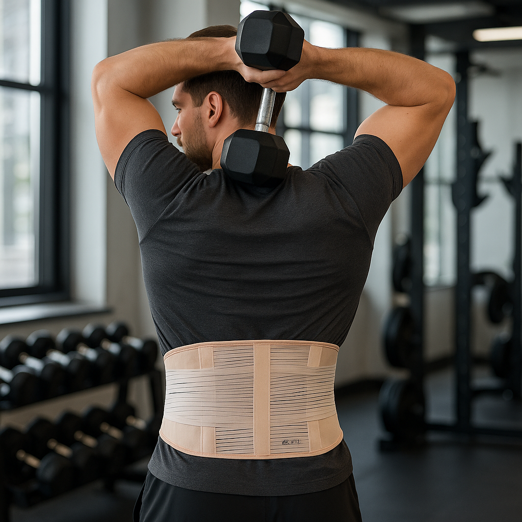 Un homme utilise la ceinture lombaire- Beige durant la musculation de ses triceps