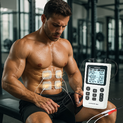 Un homme utilise un Appareil Electrostimulation- 4 en 1 - TENS, EMS, IF & RUSS- Blanc sur un banc de musculation 