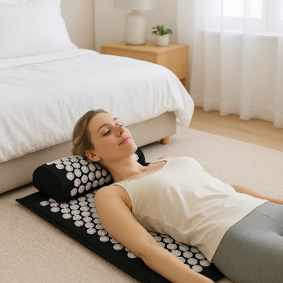 Une femme allongée sur le tapis d'acupression 