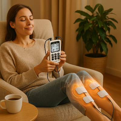 Une femme assise dans son salon utilise un Appareil Electrostimulation- 4 en 1 - TENS, EMS, IF & RUSS- Blanc