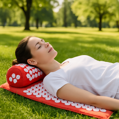 Une femme est allongée dans le gazon sur le tapis fleur de champs - Zen balance orange 