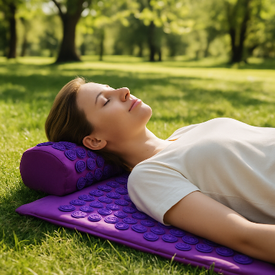 Une femme est allongée dans le gazon sur le tapis picot - Zen intence fuchsia