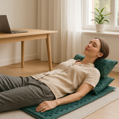 Une femme est allongée au sol sur le tapis champ de fleurs - Zen eco vert dans son bureau