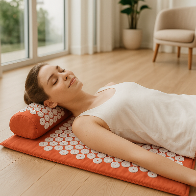 Une femme est allongée au sol sur le tapis fleur de champs - Zen balance orange 