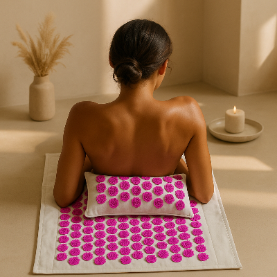 Une femme est allongée le dos nue sur le tapis de fleurs de lotus - Zen eco rose 