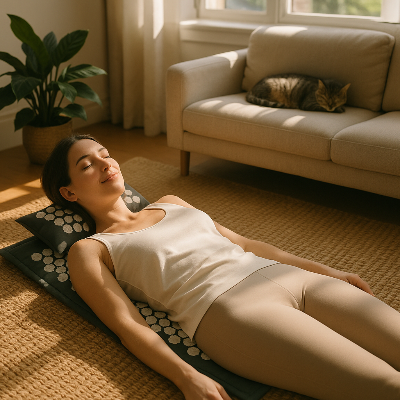 Une femme est allongée sur le tapis fleur de lotus - Zen eco charbon au pied de son canapé 