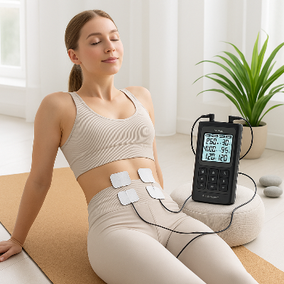 Une femme est allongée sur un tapis en utilisant l'electrostimulateur TENS, EMS, IF & RUSS - Noir