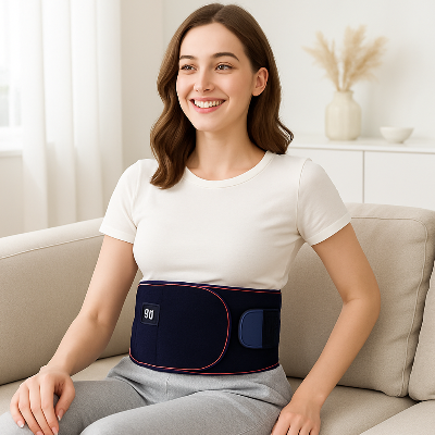 Une femme est assise dans son canapé avec la ceinture lombaire chauffante - HeatRelief autour de la taille